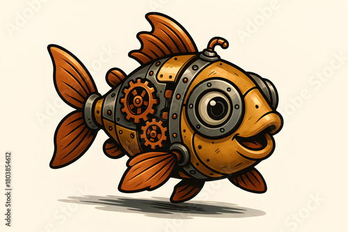 Smiling steampunk robo cartoon fish with antenna isolated on white background