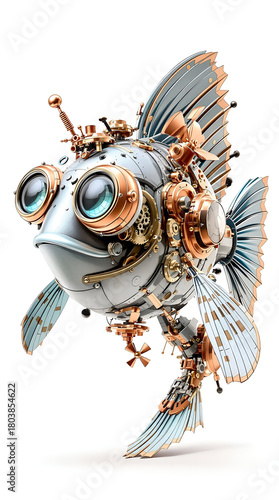 Flying steampunk robo cartoon fish with wide fin wing on white background
