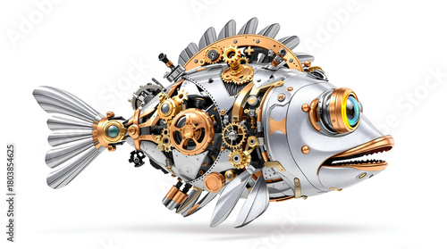 Complex steampunk robo cartoon fish packed with gears on white background