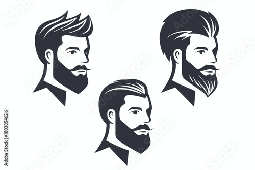 Three stylized portraits show diverse beard styles and sophisticated side profiles on white backgrounds