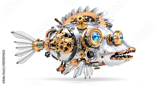 Aggressive steampunk robo cartoon fish with open metal jaw on white background