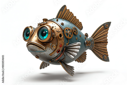 Big blue eye steampunk robo cartoon fish isolated on white background