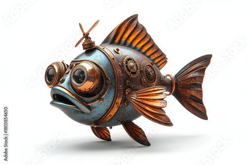 Rusty blue steampunk robo cartoon fish with propeller on white background