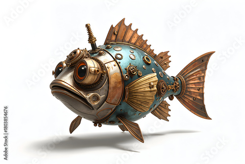 Antenna steampunk robo cartoon fish isolated on white background