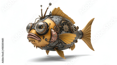 Golden body steampunk robo cartoon fish isolated on white background