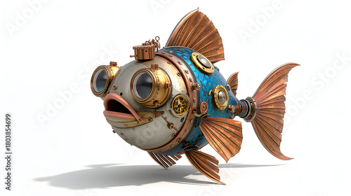 Blue shell steampunk robo cartoon fish with open mouth on white background