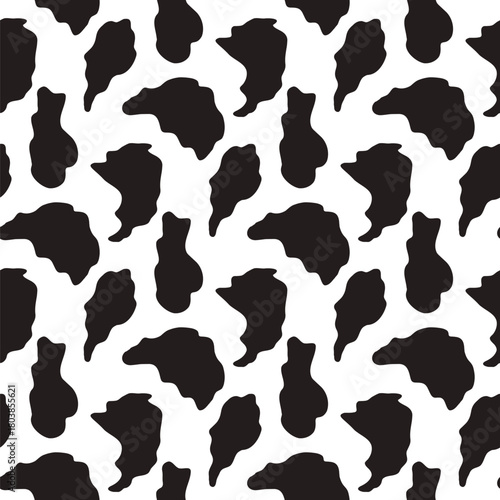 Black and white cow spot seamless pattern for dairy product background. Animal skin texture organic patches and stains. Holstein cattle print vector illustration for farm design decorative wallpaper.