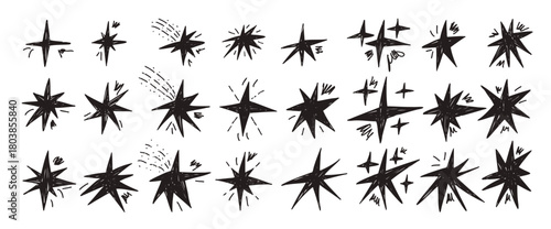 Scribble stars. Black pencil twinkles spark. Handmade magic bling collection. Kids paint collage stickers blinks. Christmas simple shine decoration. Vector asterisk elements isolated no background.
