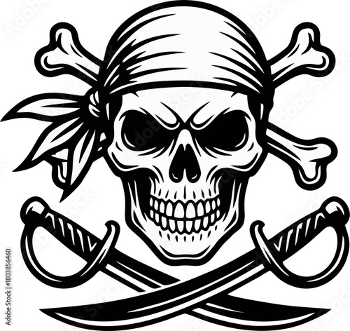 Black and White Pirate Skull with Bandana and Crossed Bones