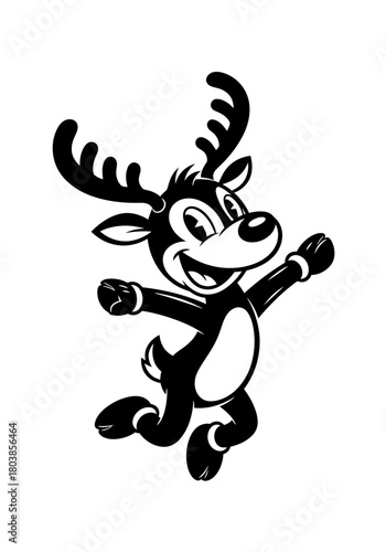 Black and white cartoon reindeer jumping isolated holiday flat illustration