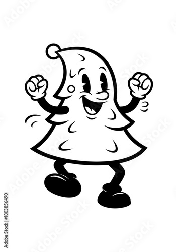 Black and white retro Christmas tree character cheering happy flat illustration