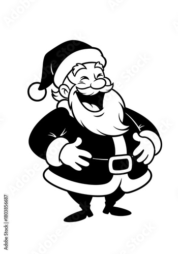 Cheerful black and white Santa Claus laughing and holding his belly flat illustration