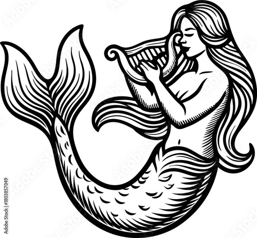Mermaid playing harp mythical aquatic woman with fish tail, fantasy sea creature, ocean folklore illustration, black and white line art