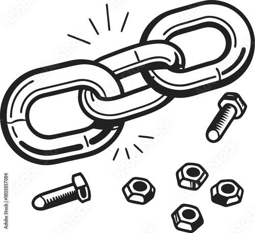 Steel chain link with bolts and nuts, strong connection and mechanical assembly concept, industrial fastener illustration