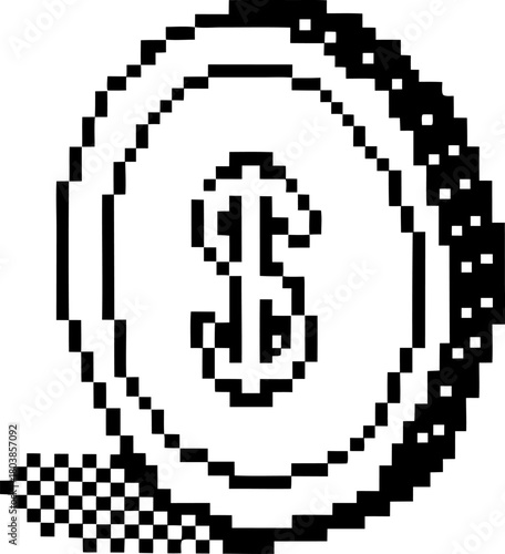 Pixel coin with dollar symbol, retro black and white game vintage money icon in digital art minimal design