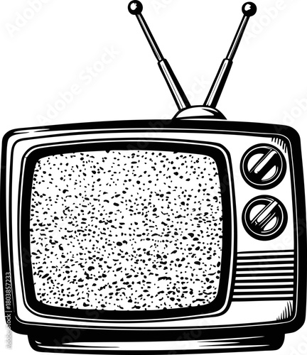 Retro television with static noise on screen vintage tv illustration, nostalgia, antenna, analog signal disruption concept