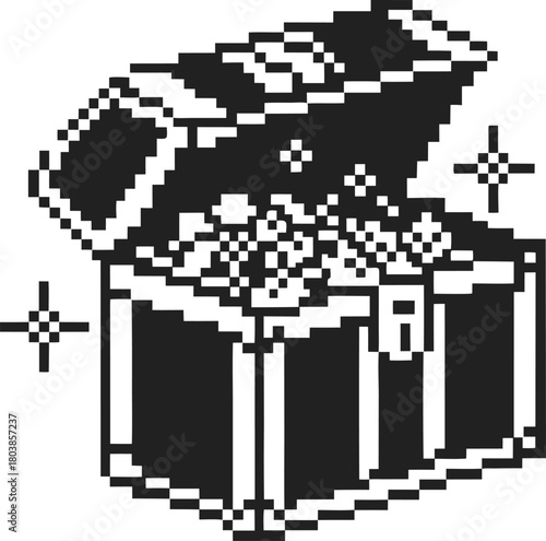 Retro pixel art treasure chest overflowing with gold and gems vintage video game loot, open box sparkling wealth reward