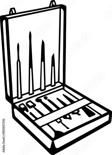 Detailed drawing of an open toolkit with assorted hand tools in a hard case precision instruments set for repair or crafting work