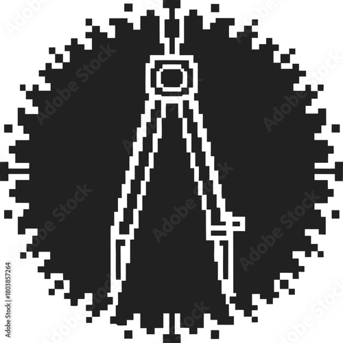 Pixel art compass icon digital geometric drafting tool symbol, black and white retro design, engineering calculation concept