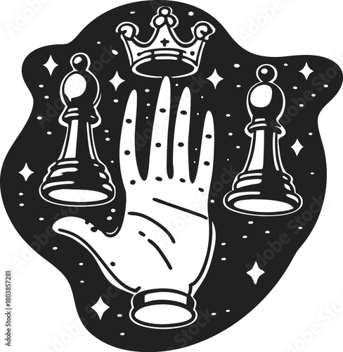 Mystical hand with chess pawns and crown, fortune telling, strategy, decision making, leadership concept illustration