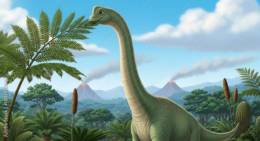 Naklejka premium Prehistoric Brontosaurus Grazing in Lush Jurassic Landscape with Volcano