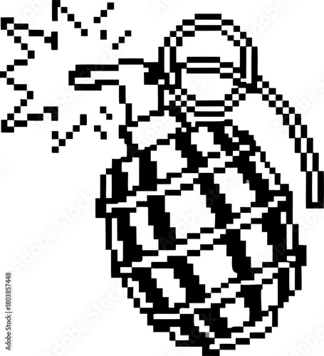 Pixel art hand grenade icon black and white explosive device illustration with safety lever and pin in retro digital