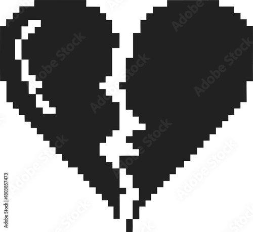 Pixelated broken heart icon black and white digital love symbol, retro gaming 8 bit style, heartbreak and sadness concept