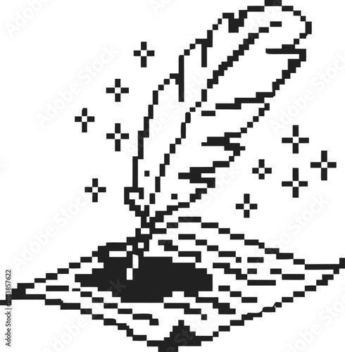Quill pen with ink bottle in pixel art vintage writing instrument, retro digital illustration, creative composition