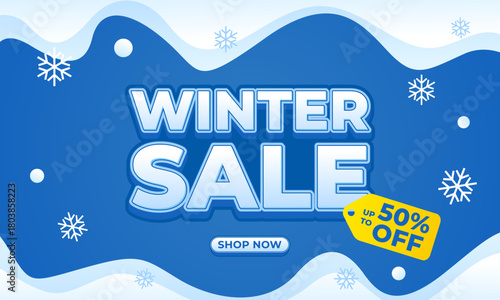 Winter sale banner template with blue snow wave background and snowflakes, up to 50% off, modern seasonal promotion design for sale ads, digital marketing, social media, web and pages