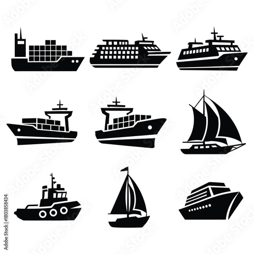 Collection of diverse ship and boat silhouettes