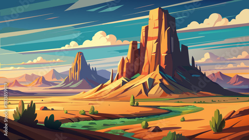 Very beautiful depiction of Shiprock, the iconic volcanic formation rising dramatically above flat desert terrain in northwestern New Mexico, shown with clean natural lighting and an uncluttered lands