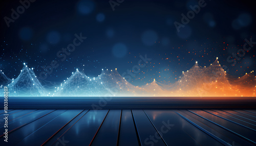 Abstract digital landscape with glowing network lines and bokeh lights image photo