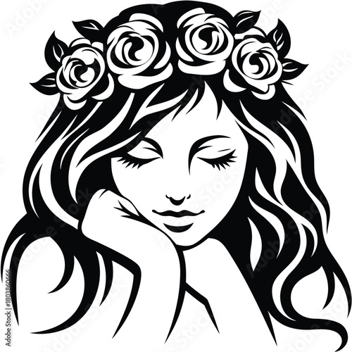 Tranquil girl with closed eyes rests adorned with rose crown in black silhouette