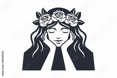 Tranquil woman with long hair and roses crown rests her face on hands