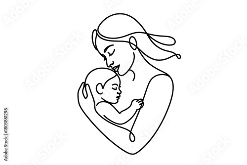 An abstract line art illustration depicts a mother tenderly holding her sleeping baby in her arms, conveying love and care.