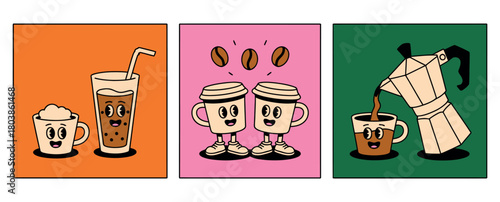 Three illustrated panels depict anthropomorphic coffee drinks and a moka pot pouring coffee into a cup, showcasing various coffee preparations.