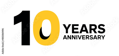 The number ten and the words 'years anniversary' are displayed in black and yellow on a white background, representing a celebration of a decade.
