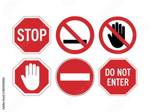 A collection of six red and white traffic signs, including stop and do not enter symbols, indicating prohibition and restriction.