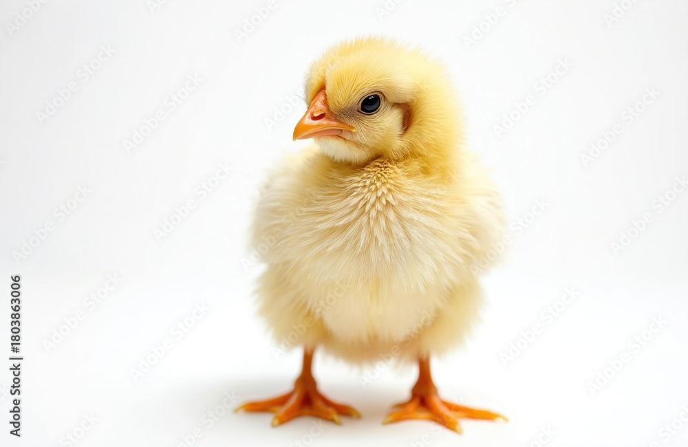Fototapeta premium Small fluffy yellow chick poses for studio portrait. Cute baby bird with orange beak and legs looks curious. Newborn fowl symbolizes new beginnings, springtime, and farm life.