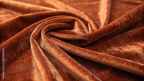 Rust colored velvet fabric with a smooth texture draped elegantly on a surface