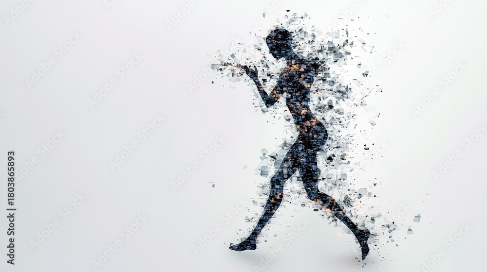Fototapeta premium A dark silhouette of a person running, with the body appearing to break apart into small, scattered particles and fragments.