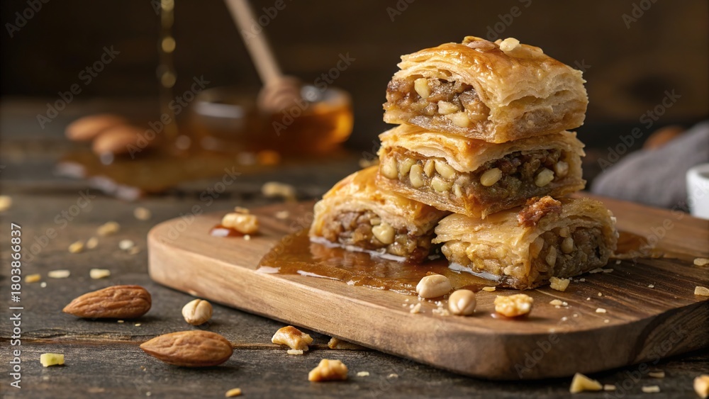 Fototapeta premium Delightful stack of golden Greek baklava drizzled with honey on a rustic wooden board