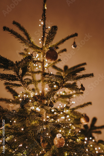 Christmas Tree Decorated with Lights and Baubles