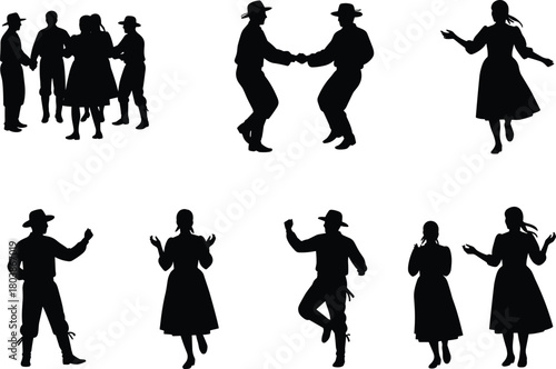 Folk dance silhouettes with cowboy and cowgirl figures, traditional country festival people dancing, rural culture celebration poses, vector set