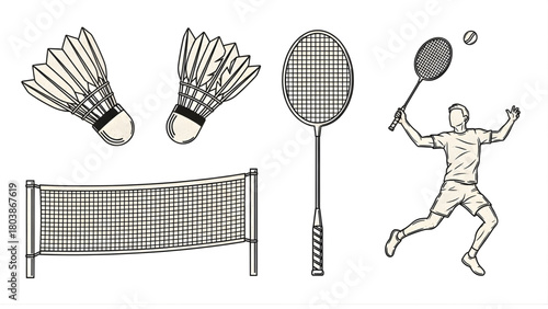 Dynamic set of badminton elements, featuring shuttlecocks, a net, a racket, and a player engaged in the sport, ideal for illustrating game concepts and sports themes