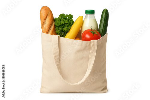 Reusable grocery bag full of fresh food items, promoting sustainable shopping and healthy eating habits