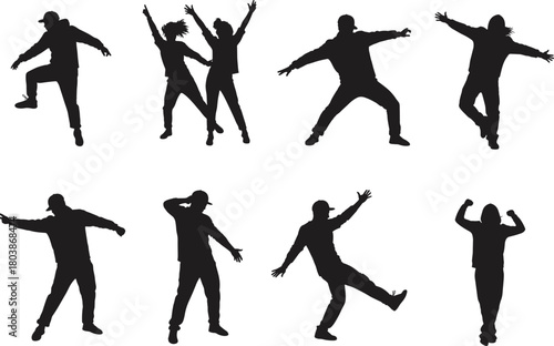 Group of dancing people silhouettes in dynamic poses, black vector figures expressing movement, rhythm, and energy on white background