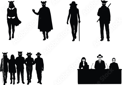 Masked vigilante and mystery characters silhouettes, capes hats canes and weapon, lineup group and press conference panel desk figures vector set