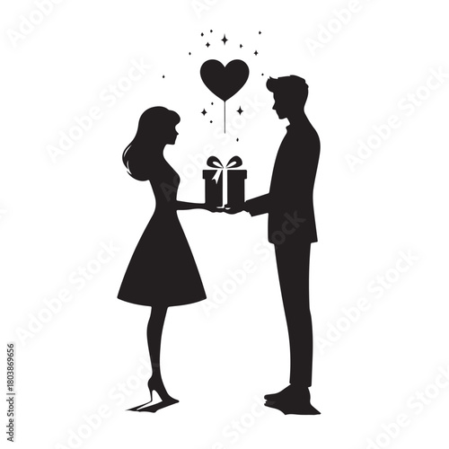 Couple exchanging a gift silhouette