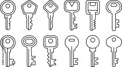 Minimal outline key icons set featuring various shapes and lock designs for security, access, interface UI elements, modern vector illustration